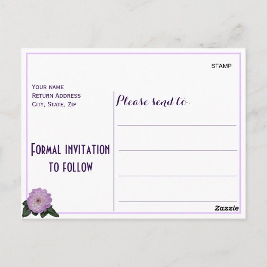 Dahlia Paarse Lavendel Lila Bloemen Save the Date Briefkaart (Achterkant)