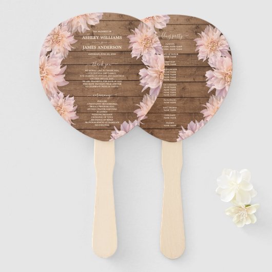 Dahlia Pink Floral Rustic Wood Wedding Programme Handwaaier (Voorkant en achterkant)