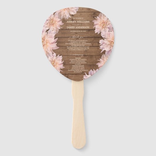 Dahlia Pink Floral Rustic Wood Wedding Programme Handwaaier (Voorkant)