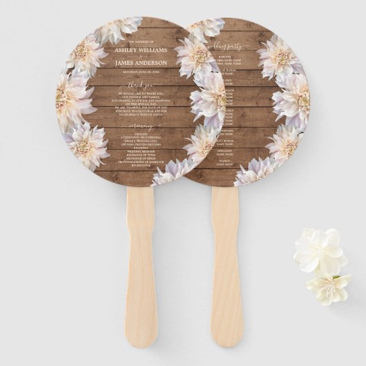 Dahlia Pink Floral Rustic Wood Wedding Programme Handwaaier (Voorkant en achterkant)