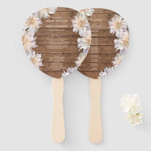 Dahlia Pink Floral Rustic Wood Wedding Programme Handwaaier (Voorkant en achterkant)