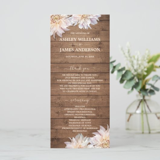 Dahlia Pink Floral Rustic Wood Wedding Programme Programmakaart (Staand voorkant)