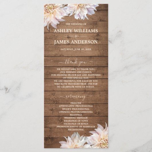 Dahlia Pink Floral Rustic Wood Wedding Programme Programmakaart (Voorkant)