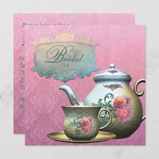 Dahlia Roze Blauwgroen Blauw Bruids Theedouche Uit Kaart (Voorkant / Achterkant)