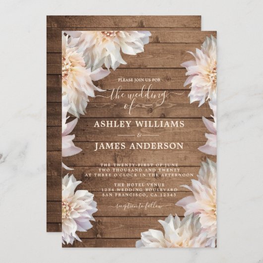 Dahlia Roze Bloem Rustieke Houten Bruiloft Kaart (Voorkant / Achterkant)