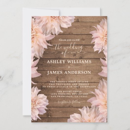 Dahlia Roze Bloem Rustieke Houten Trouw Uitnodigin Kaart (Voorkant)