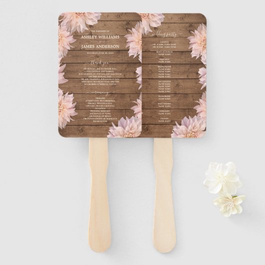 Dahlia Roze Bloem Rustieke Houten Trouwprogramma Handwaaier (Voorkant en achterkant)