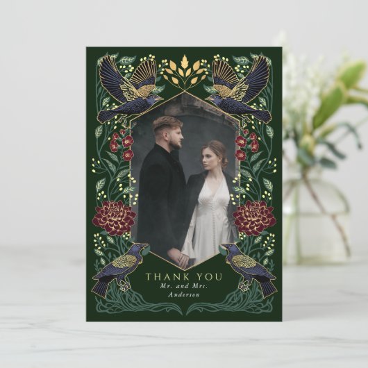 Dahlia Snapdragon betoverd Gothic Raven bruiloft Bedankkaart (Staand voorkant)