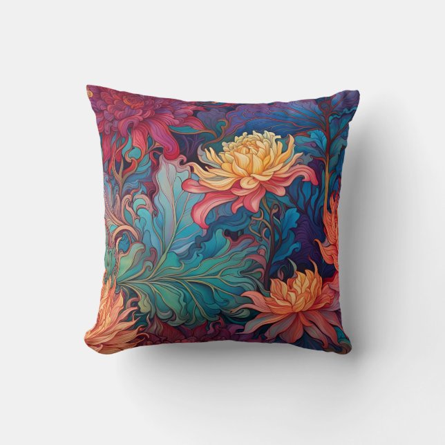 Dahlia Tapestry Rood blauw groen goud Sierkussen (Voorkant)