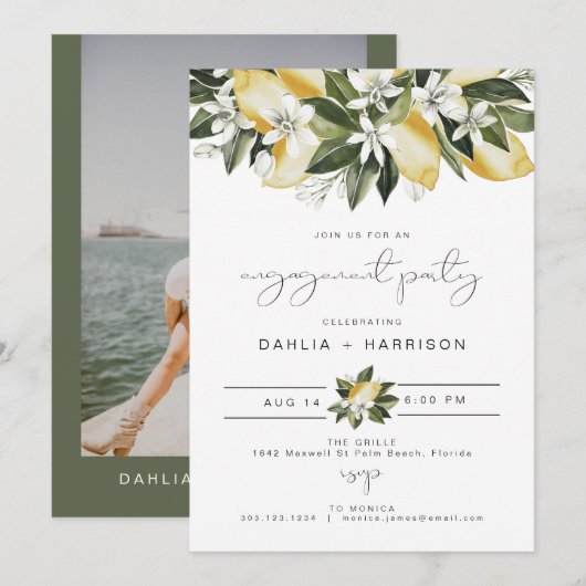 DAHLIA Waterverf Lemon Floral Engagement Party Kaart (Voorkant / Achterkant)