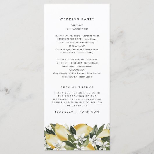 DAHLIA Waterverf Lemon Floral Lon Wedding Programm Menu (Achterkant)