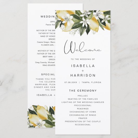 DAHLIA Waterverf Lemon Floral Lon Wedding Programm Menu (Voorkant / Achterkant)