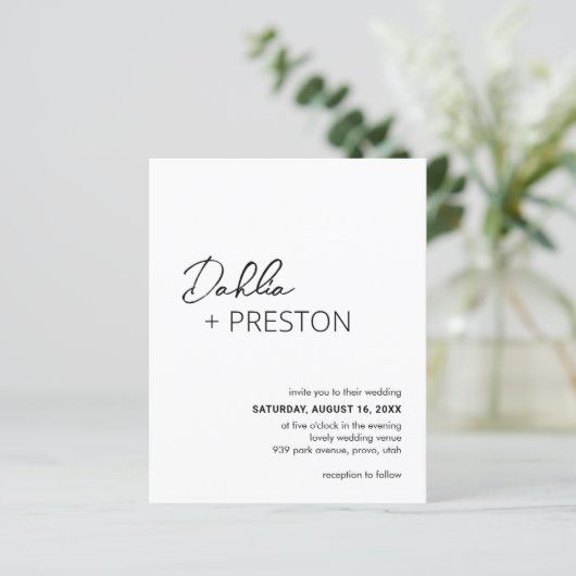 Dahlia Zwart en Wit Budget Bruiloft Uitnodiging (Staand voorkant)