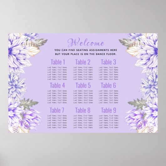 Dahlias - Amethyst Wedding Suite Seating Chart Poster (Voorkant)