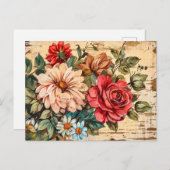 Dahlias and Roses on Cracked Wooden Wall Briefkaart (Voorkant / Achterkant)