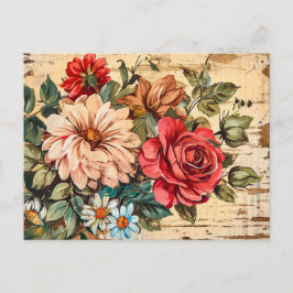 Dahlias and Roses on Cracked Wooden Wall Briefkaart