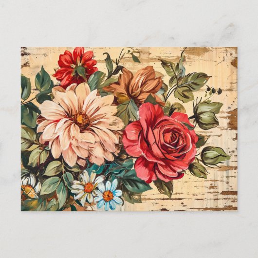 Dahlias and Roses on Cracked Wooden Wall Briefkaart (Voorkant)