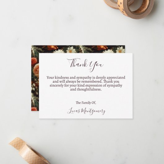 Dahlias begrafenis bloem dank u, sympathie notitiekaartje (Voorkant / Achterkant in situ)