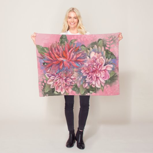 Dahlias bloemen roze waterverf patroon fleece deken (In situ)