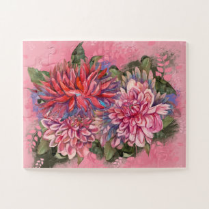 Dahlias bloemen roze waterverf patroon legpuzzel