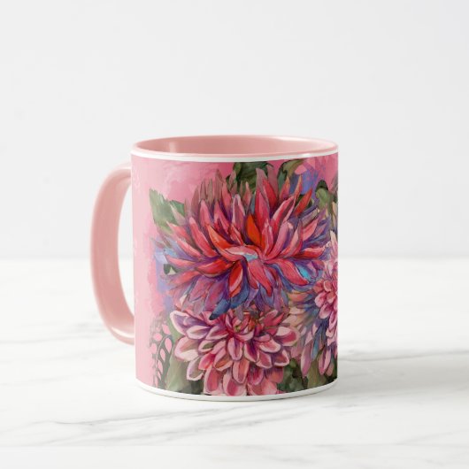Dahlias bloemen roze waterverf patroon mok (Voorkant links)