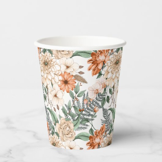 Dahlias daisy ferns greenery peach white romantic papieren bekers (Voorkant)