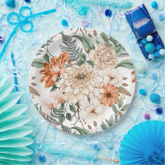 Dahlias daisy ferns greenery peach white romantic papieren bordje (Feest)