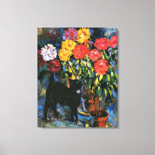 Dahlias en Black Cat, mooi kunstschilderij, Canvas Afdruk