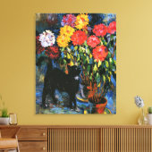 Dahlias en Black Cat, mooi kunstschilderij, Canvas Afdruk (Insitu (Woonkamer))
