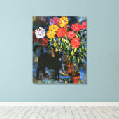 Dahlias en Black Cat, mooi kunstschilderij, Canvas Afdruk (Insitu (Houten vloer))