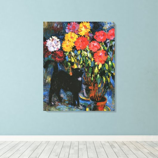 Dahlias en Black Cat, mooi kunstschilderij, Canvas Afdruk (Insitu (Houten vloer))