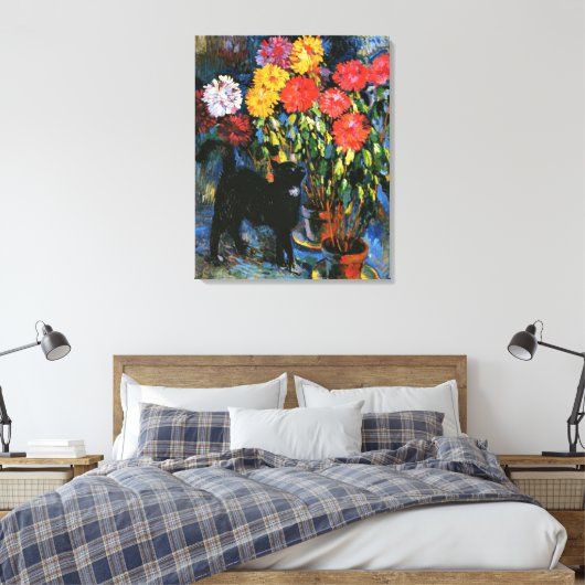 Dahlias en Black Cat, mooi kunstschilderij, Canvas Afdruk (Insitu (Slaapkamer))
