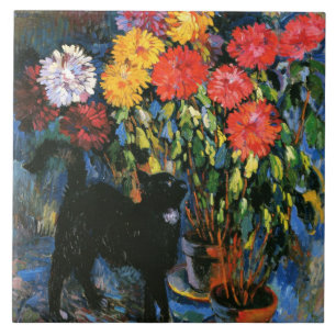 Dahlias en Black Cat, mooi kunstschilderij, Tegeltje