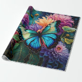 Dahlia's en iriserende blauwe groene vlinder cadeaupapier (Uitgerold)