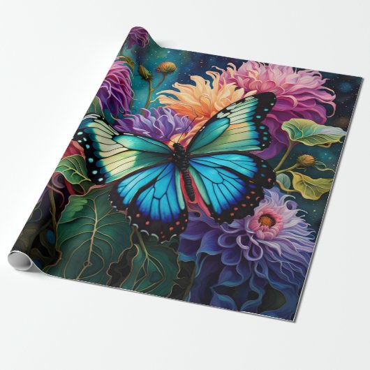 Dahlia's en iriserende blauwe groene vlinder cadeaupapier (Uitgerold)