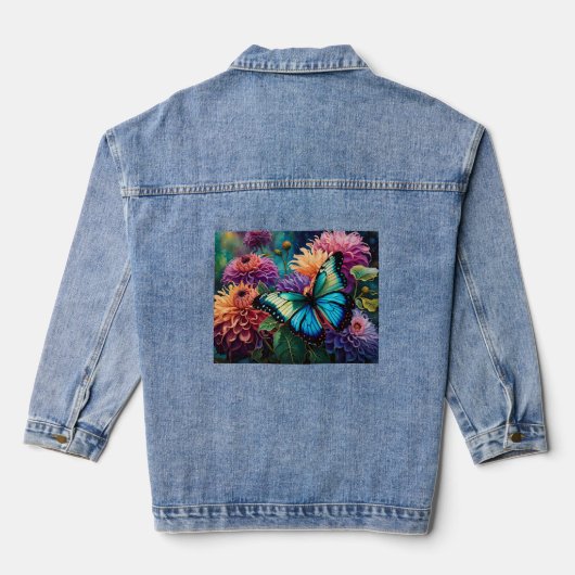 Dahlia's en iriserende blauwe groene vlinder denim jacket (Achterkant)