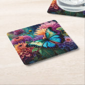 Dahlia's en iriserende blauwe groene vlinder kartonnen onderzetters (Schuin)
