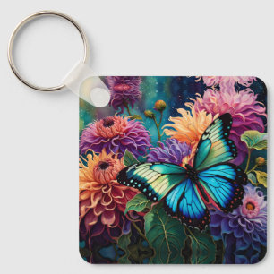 Dahlia's en iriserende blauwe groene vlinder sleutelhanger