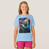 Dahlia's en iriserende blauwe groene vlinder t-shirt (Voorkant volledig)