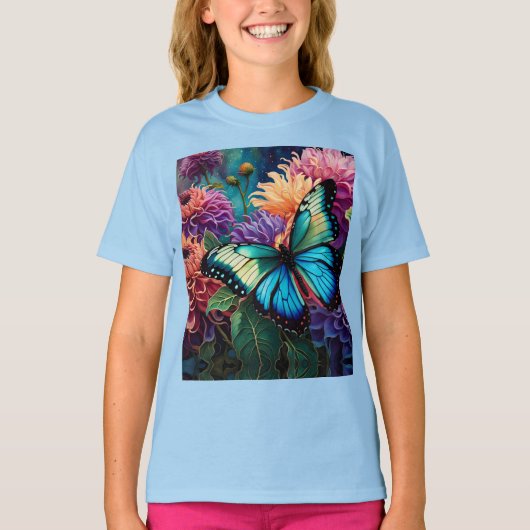 Dahlia's en iriserende blauwe groene vlinder t-shirt (Voorkant)