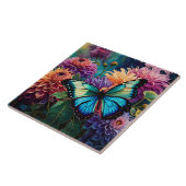 Dahlia's en iriserende blauwe groene vlinder tegeltje (Zijkant)