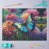 Dahlia's en iriserende blauwe groene vlinder tissuepapier (Craft)