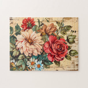 Dahlia's en Rozen op gebarsten houten wand Legpuzzel