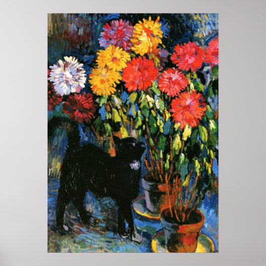 Dahlias en Zwarte Kat, schilderij als kunstdruk Poster (Voorkant)