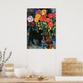 Dahlias en Zwarte Kat, schilderij als kunstdruk Poster (Keuken)