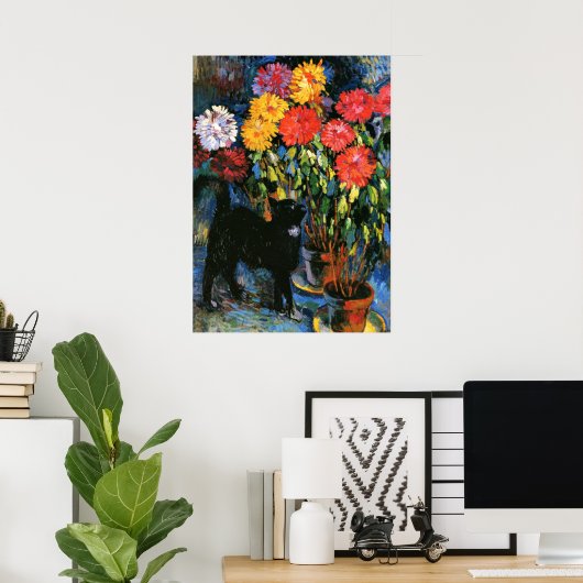 Dahlias en Zwarte Kat, schilderij als kunstdruk Poster (Thuiskantoor)