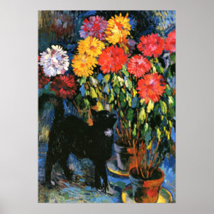 Dahlias en Zwarte Kat, schilderij als kunstdruk Poster