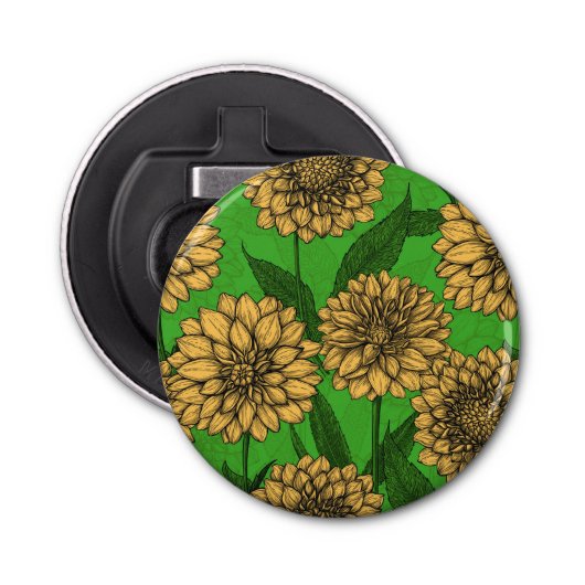 Dahlias in geel en groen button flesopener (Voorkant)