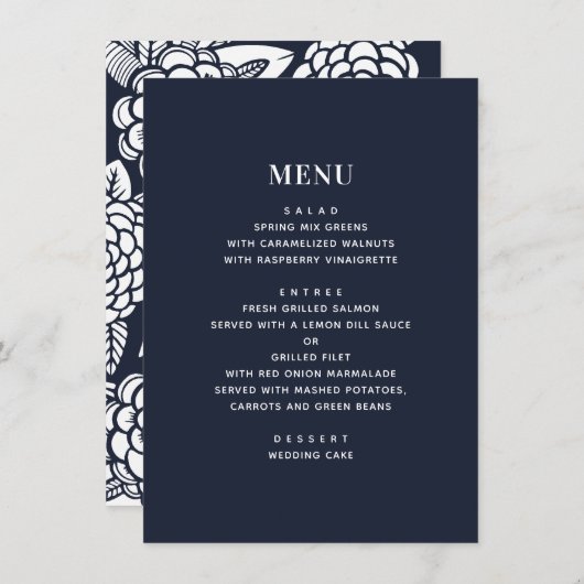 Dahlias. Navy bloemenbruiloft. Blauwe tuinbloemen Menu (Voorkant / Achterkant)