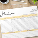 Daily Good Habit Tracker Motivatie scriptnaam Notitieblok<br><div class="desc">Creëer Een lijst met gewoontes om goede gewoontes en een gezonde levensstijl op te bouwen met deze aangepaste habit tracker. Personaliseer met naam en uw eigen prijsopgave onderaan, of houd de motivatie prijsopgave daar op dit moment. Hoe werkt het? Omcirkel de maand waarin je volgt, schrijf de gewoonten op waaraan...</div>
